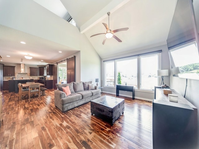 36508 Meadow Ln, Cumming, IA 50061 - living area featuring dark wood-style floors, a ceiling fan, beam ceiling, recessed lighting, and high vaulted ceiling