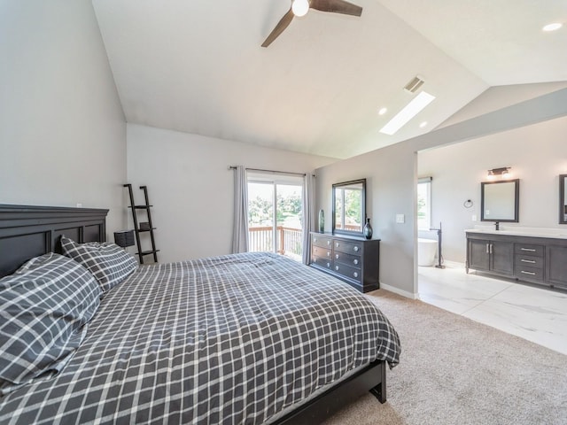 36508 Meadow Ln, Cumming, IA 50061 - bedroom featuring vaulted ceiling, ceiling fan, and ensuite bathroom
