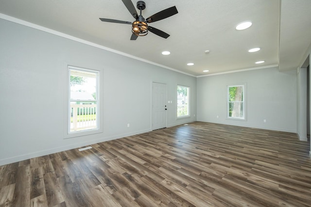 611 W 2nd St S, Newton, IA 50208 - unfurnished room featuring ornamental molding, dark wood-style floors, recessed lighting, and ceiling fan