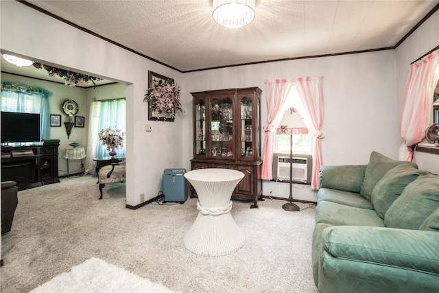 808 Bridge St, Redfield, IA 50233 - living room with light carpet, cooling unit, crown molding, and a textured ceiling