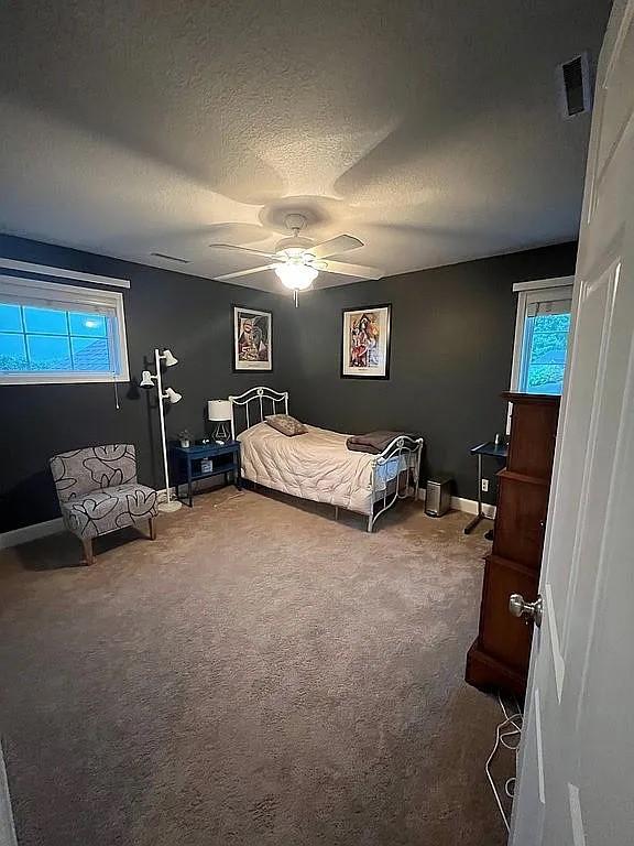 2279 Pheasant Ridge Ln, Ames, IA 50010 - bedroom featuring carpet flooring, a textured ceiling, ceiling fan, and multiple windows