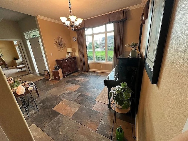 2279 Pheasant Ridge Ln, Ames, IA 50010 - interior space featuring stone tile floors, crown molding, and a chandelier