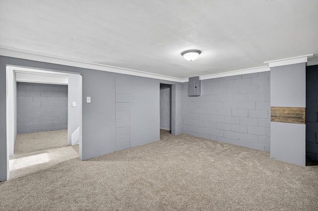 34 E Broadway St, Colfax, IA 50054 - finished basement featuring electric panel, concrete block wall, and carpet flooring