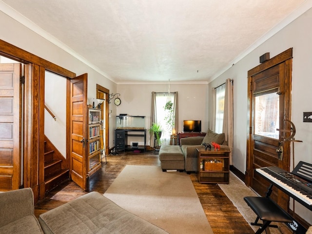 3917 11th St, Des Moines, IA 50313 - living room featuring dark wood-type flooring, stairway, and ornamental molding