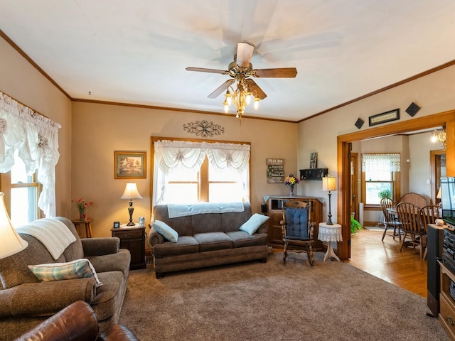 4987 E 28th St N, Newton, IA 50208 - living area with a ceiling fan, carpet, and ornamental molding