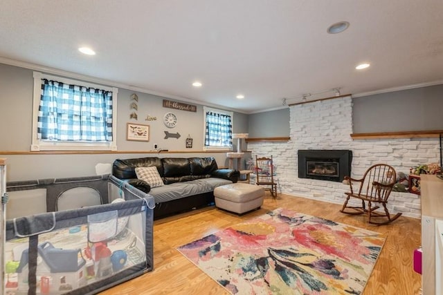 1525 Rapids St, Adel, IA 50003 - living area with ornamental molding, wood finished floors, recessed lighting, and a large fireplace