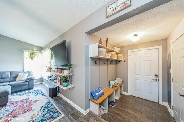 500 NW Valley View Dr, Grimes, IA 50111 - mudroom featuring dark wood finished floors and a textured ceiling