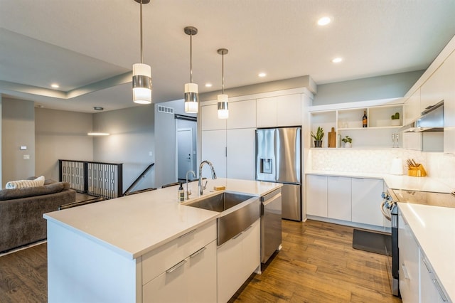 905 NE Badger Ln, Waukee, IA 50263 - kitchen featuring stainless steel appliances, under cabinet range hood, dark wood-type flooring, white cabinetry, and recessed lighting
