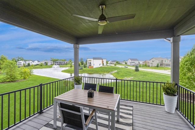 905 NE Badger Ln, Waukee, IA 50263 - wooden deck with a residential view, ceiling fan, a lawn, and a water view