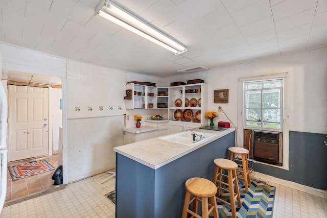 311 E 4th St, Riverside, IA 52327 - kitchen featuring a kitchen bar, open shelves, light countertops, a peninsula, and white cabinets