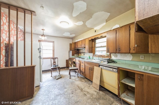 7012 Sunrise Blvd, Windsor Heights, IA 50324 - kitchen with white appliances, brown cabinets, and light countertops