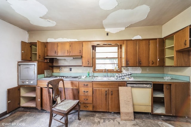 7012 Sunrise Blvd, Windsor Heights, IA 50324 - kitchen featuring dishwasher, open shelves, brown cabinets, and stainless steel gas stovetop