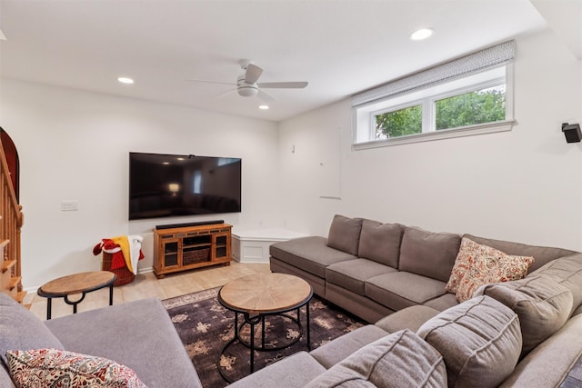 7016 Harbour Dr, Johnston, IA 50131 - living room featuring ceiling fan and recessed lighting