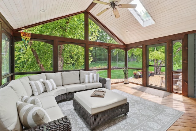 7016 Harbour Dr, Johnston, IA 50131 - living area with a skylight, a ceiling fan, hardwood / wood-style flooring, high vaulted ceiling, and wooden ceiling