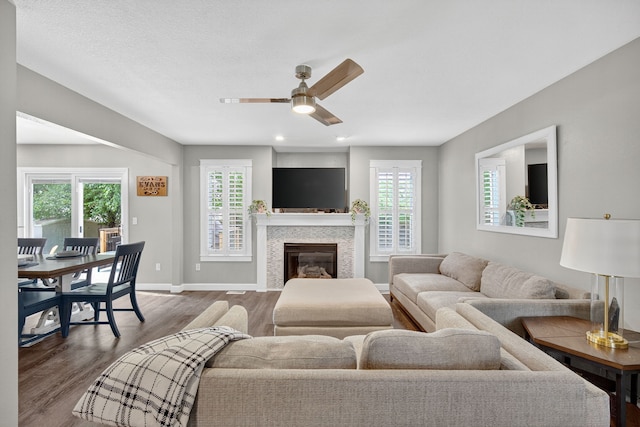 4808 Dewey Pl, Johnston, IA 50131 - living area with wood finished floors, ceiling fan, a glass covered fireplace, and recessed lighting