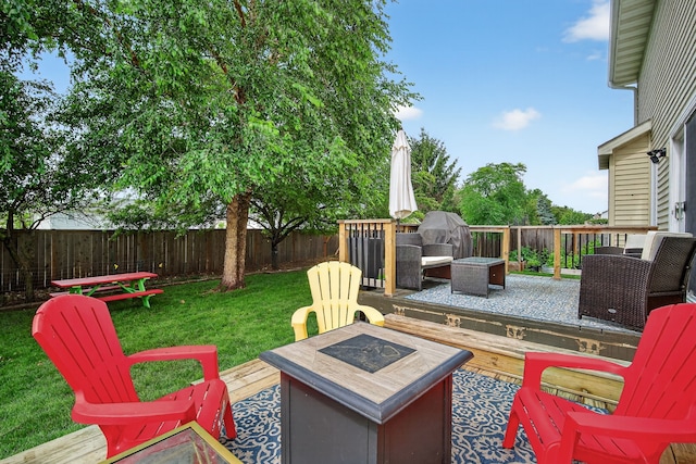 4808 Dewey Pl, Johnston, IA 50131 - wooden terrace featuring an outdoor fire pit and a fenced backyard