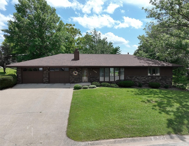 1108 Hillcrest Ct, Chariton, IA 50049 - ranch-style home featuring driveway, an attached garage, a front yard, a chimney, and brick siding