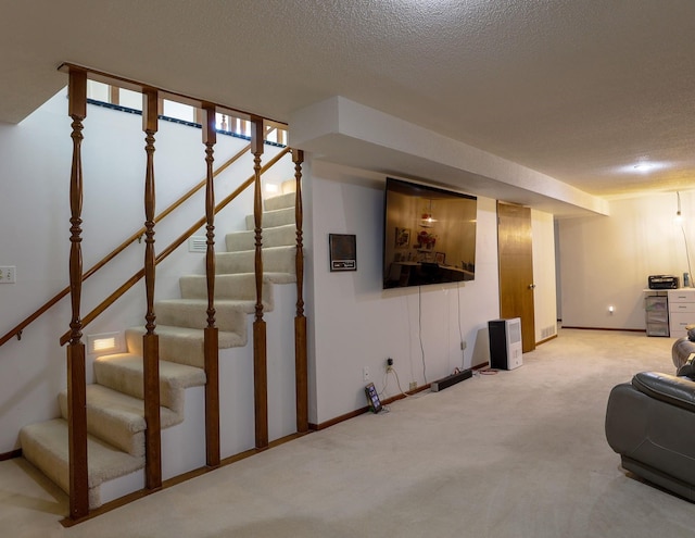 1108 Hillcrest Ct, Chariton, IA 50049 - living area featuring stairway, light colored carpet, and a textured ceiling