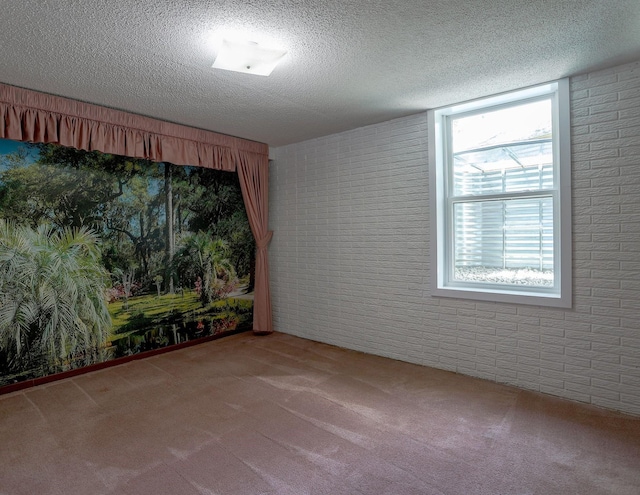 1108 Hillcrest Ct, Chariton, IA 50049 - spare room featuring carpet flooring, a textured ceiling, and brick wall