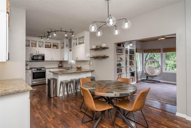 3605 80th St, Urbandale, IA 50322 - dining area featuring a textured ceiling, dark wood-style flooring, and rail lighting