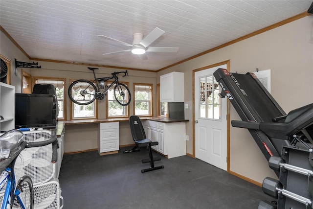 3605 80th St, Urbandale, IA 50322 - office area featuring ornamental molding, ceiling fan, and built in study area