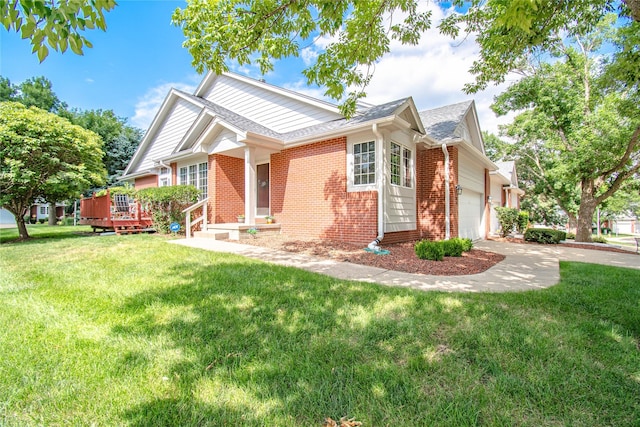 5925 Ep True Pkwy Unit 36, West Des Moines, IA 50266 - view of front of property featuring brick siding, an attached garage, driveway, a front lawn, and a wooden deck