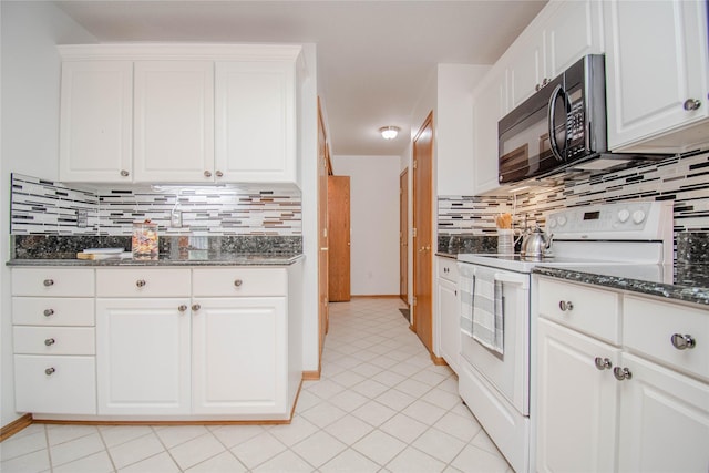 5925 Ep True Pkwy Unit 36, West Des Moines, IA 50266 - kitchen featuring white electric range oven, black microwave, tasteful backsplash, white cabinets, and dark stone countertops