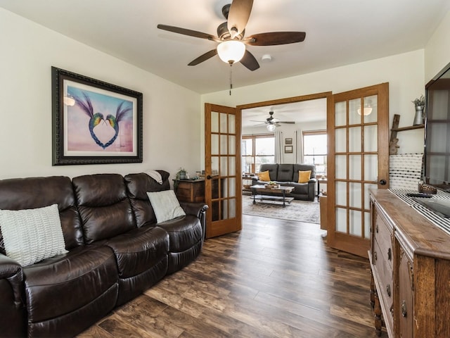 4791 Erbe St, Norwalk, IA 50211 - living room with french doors, dark wood finished floors, and ceiling fan
