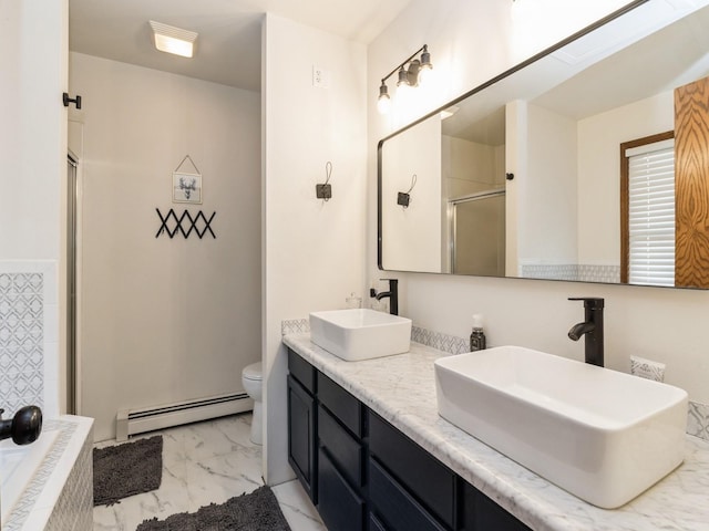 4791 Erbe St, Norwalk, IA 50211 - bathroom with a baseboard radiator, marble look tiles, an enclosed shower, and double vanity