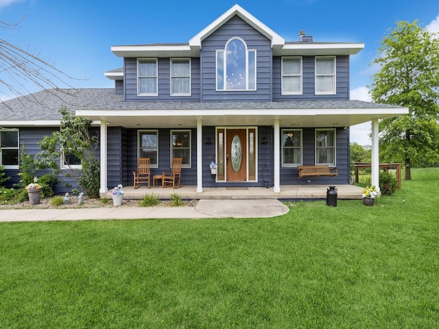 4791 Erbe St, Norwalk, IA 50211 - view of front of home with a porch, a front yard, a shingled roof, and a chimney