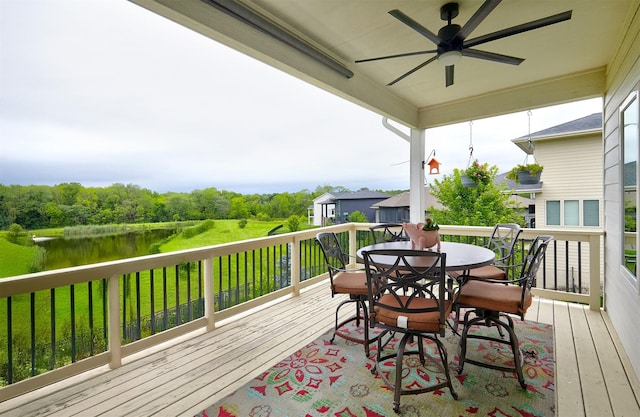 685 Indian Ridge Dr, Waukee, IA 50263 - wooden deck featuring ceiling fan, outdoor dining area, a water view, and a lawn