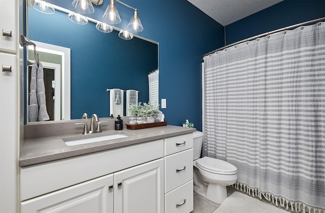 685 Indian Ridge Dr, Waukee, IA 50263 - full bathroom with vanity, tile patterned floors, a textured ceiling, and a shower with shower curtain