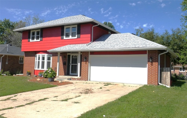 623 E 18th St N, Newton, IA 50208 - view of front facade featuring brick siding, a front lawn, a garage, a shingled roof, and concrete driveway