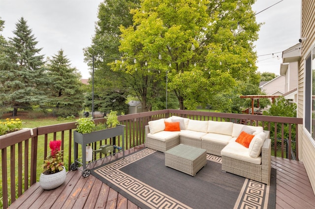 14449 Briarwood Ln, Urbandale, IA 50323 - wooden deck featuring an outdoor hangout area and a yard
