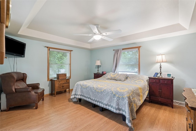7 Hobart Pl, Grinnell, IA 50112 - bedroom with a raised ceiling, light wood finished floors, multiple windows, and ceiling fan