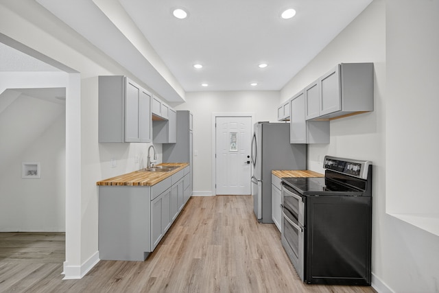 1124 13th St, Des Moines, IA 50314 - kitchen featuring stainless steel appliances, gray cabinetry, light wood finished floors, wooden counters, and recessed lighting