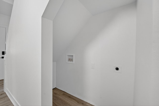 1124 13th St, Des Moines, IA 50314 - washroom with wood finished floors, electric dryer hookup, and washer hookup