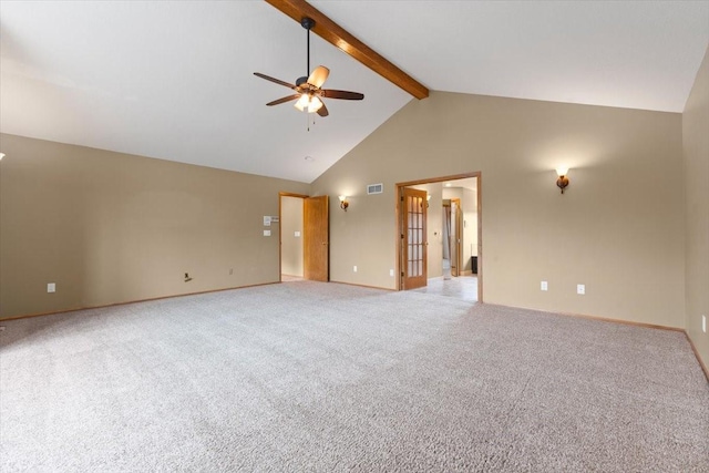 704 SW Coventry Cir, Ankeny, IA 50023 - unfurnished room featuring beamed ceiling, ceiling fan, high vaulted ceiling, and light carpet