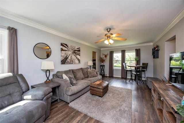 4207 Madison Ave, Des Moines, IA 50310 - living room with crown molding, ceiling fan, and dark wood finished floors