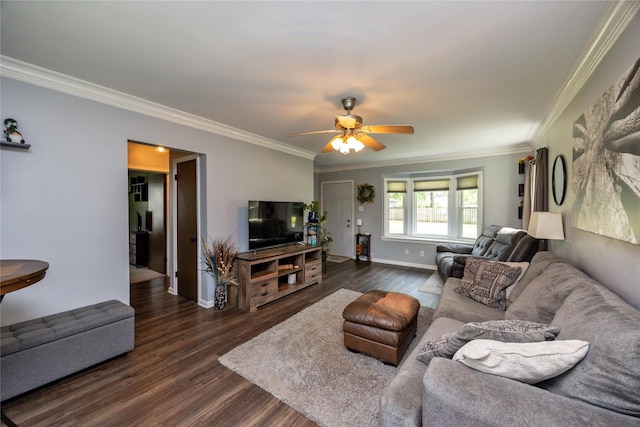 4207 Madison Ave, Des Moines, IA 50310 - living room featuring dark wood finished floors, crown molding, and a ceiling fan