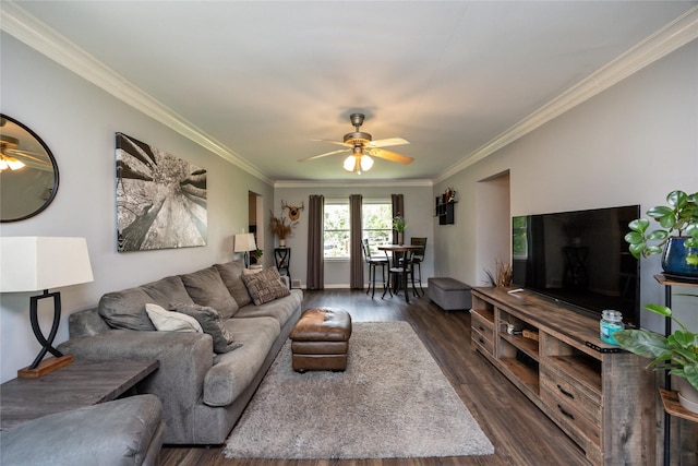 4207 Madison Ave, Des Moines, IA 50310 - living room featuring ceiling fan, crown molding, and dark wood-style flooring