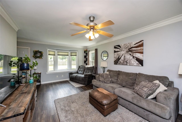 4207 Madison Ave, Des Moines, IA 50310 - living area with crown molding, dark wood-type flooring, and ceiling fan