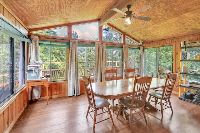 1018 S 5th St, Knoxville, IA 50138 - dining room featuring a ceiling fan, vaulted ceiling, hardwood / wood-style floors, wooden walls, and wooden ceiling