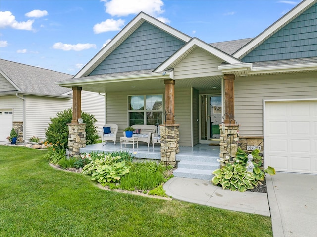 2501 NE Ewing Ct, Grimes, IA 50111 - view of front of home featuring a porch, a front yard, a shingled roof, and a garage