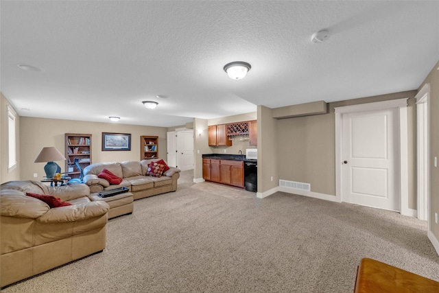 2501 NE Ewing Ct, Grimes, IA 50111 - living area featuring wet bar, light colored carpet, and a textured ceiling