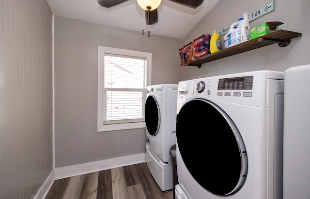 524 1st St, West Des Moines, IA 50265 - laundry room featuring washer and clothes dryer, dark wood-style floors, and ceiling fan
