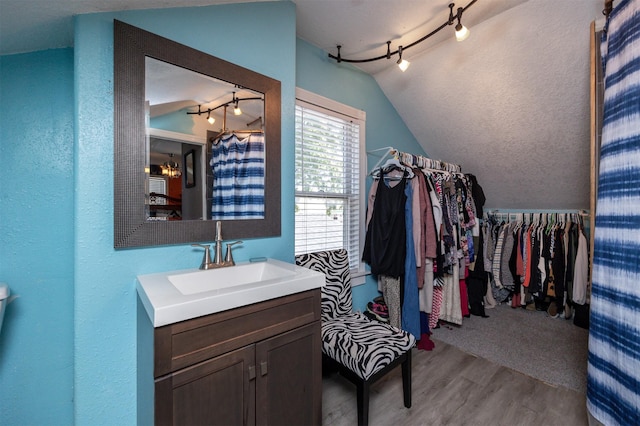 524 1st St, West Des Moines, IA 50265 - bathroom featuring lofted ceiling, rail lighting, wood finished floors, vanity, and a spacious closet