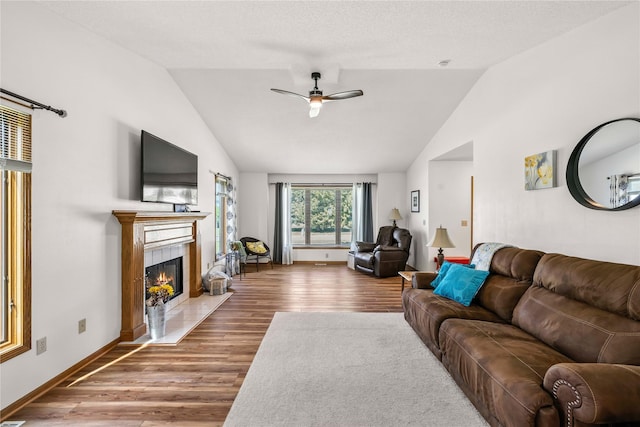 9421 NE 28th Ct, Ankeny, IA 50021 - living room featuring lofted ceiling, wood finished floors, ceiling fan, and a fireplace