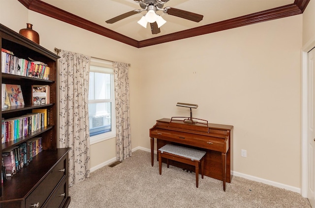 938 15th St SE, Altoona, IA 50009 - living area with a ceiling fan, crown molding, and light carpet