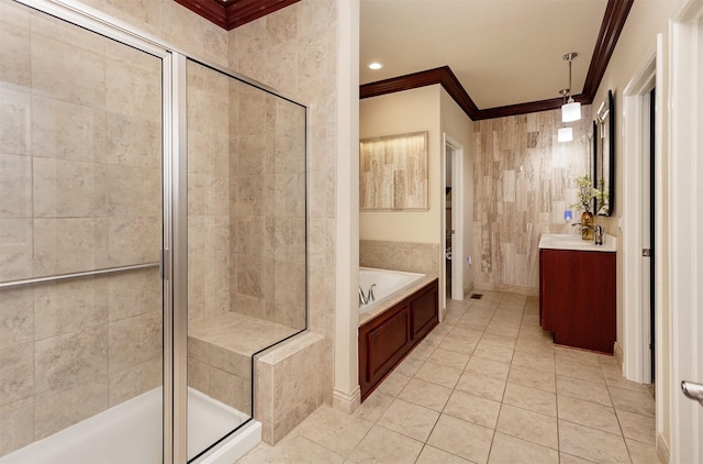 938 15th St SE, Altoona, IA 50009 - full bathroom featuring a shower stall, a garden tub, vanity, crown molding, and tile patterned floors